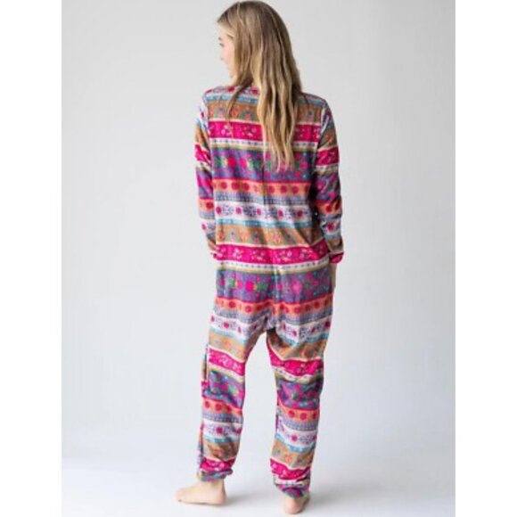 Natural Life Oversized Fleece Boho Patchwork V Neck Jumpsuit Pajamas Onesie Cozy - Picture 1 of 10